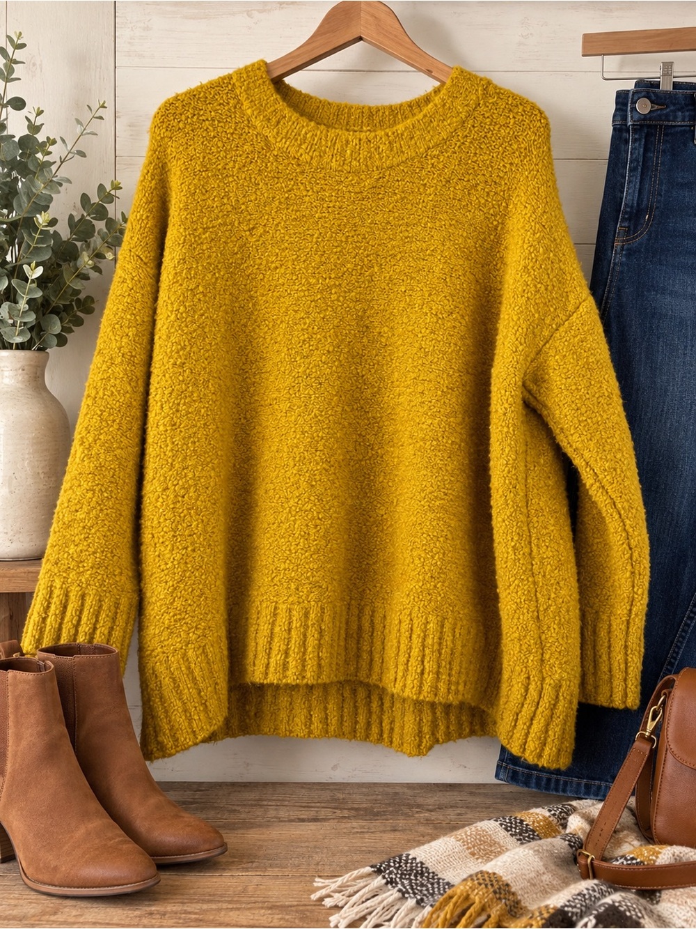 Old Navy Mustard Bouclé Crewneck Sweater